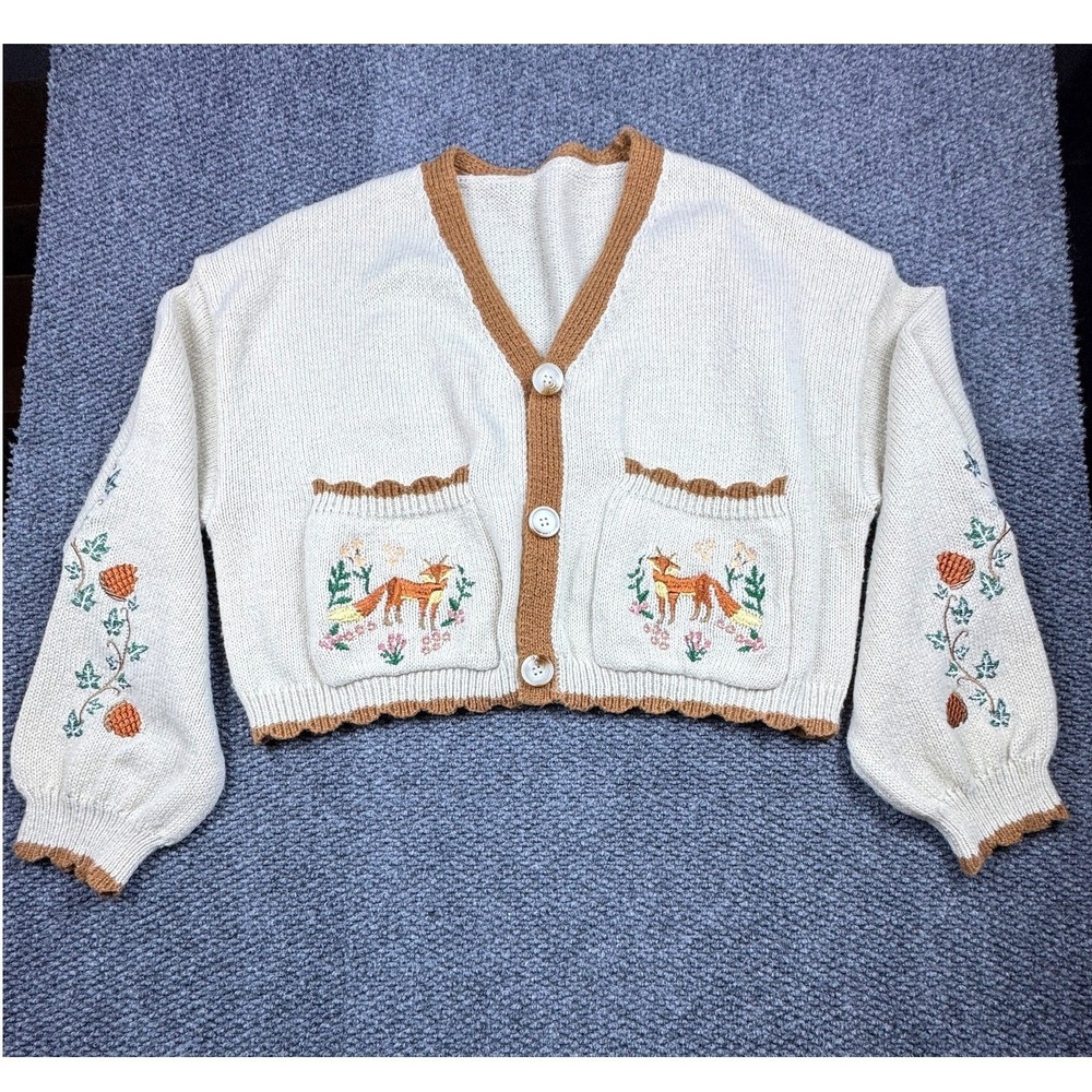 ROMWE Women's Ivory Embroidered Fairycore Cropped‎ Cardigan Sweater XL Whimsical